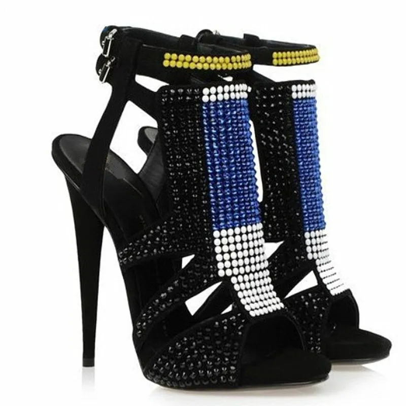 

2019 Summer Contrast Colors Rhinestone Studded Stilettos Gladiator Sandals Women Double Buckle Open Toe High Heels Shoes Woman