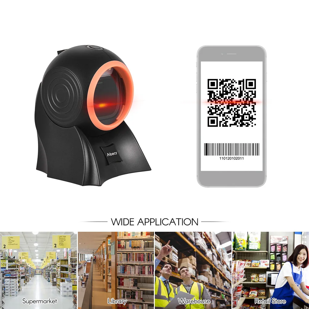 Aibecy Настольный беспроводной 1D 2D QR сканер штрих кодов с usb кабелем всенаправленная