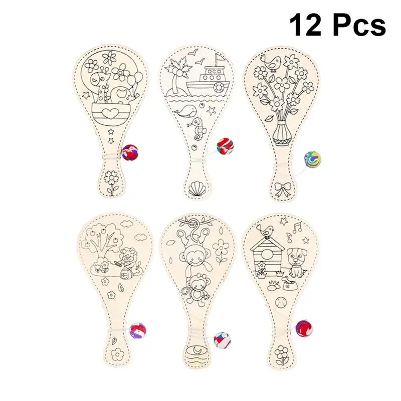 

12pcs Creative Wooden Racket Shaped Kid's DIY Mixed Pattern Board Art Painting Art Doodle for Kids Children