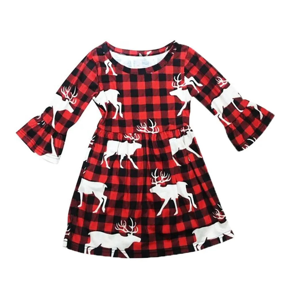 

Christmas Toddler Kids Girl Long Sleeve Plaid Flared Party Dress Clothes 2-9Y