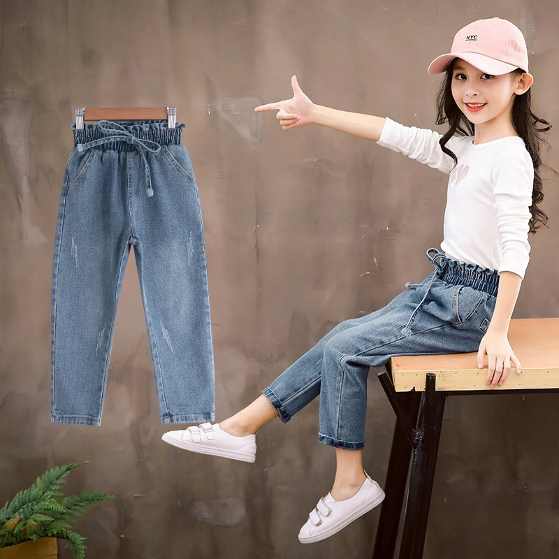 Детские джинсовые штаны для девочек Демисезонный Новые Детские Модные Джинсовые штаны для девочек-подростков Костюмы 4 5 6 Для детей 9, 10, 12, 14 лет