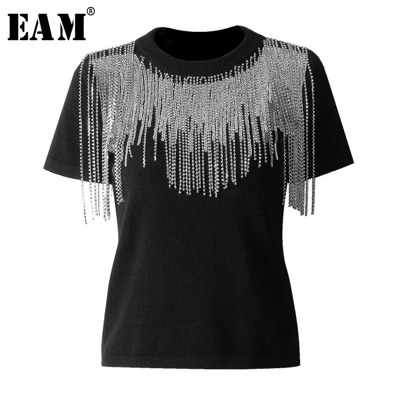 

[EAM] 2019 New Spring Summer Round Neck Short Sleeve Black Rhinestone Split Joint Loose T-shirt Women Fashion Tide JO654