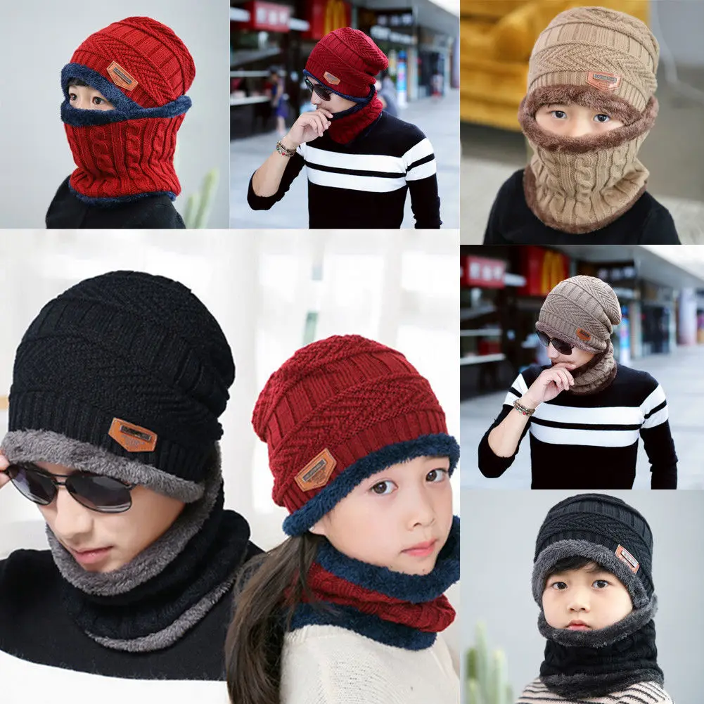 

Family Winter Warm Hot Sale Scarf+Hat Set Women Kid Men Warm Knitted Neckerchief Skull Caps