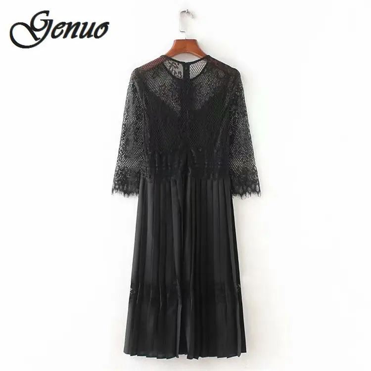 

women black lace dress pleated 2019 autumn sexy ladies party midi dresses long sleeve elegant vestidos