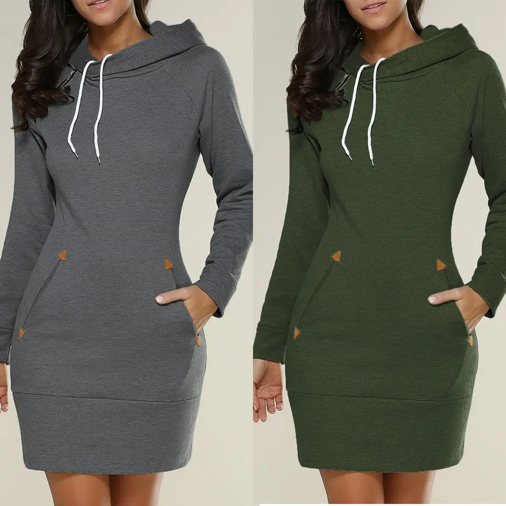

Dress Women Ladies Hooded Plus Size Autumn Sweatshirt Long Sleeve Hoodies Black Mini Dress 4XL 5XL Solid Pocket Hoodies