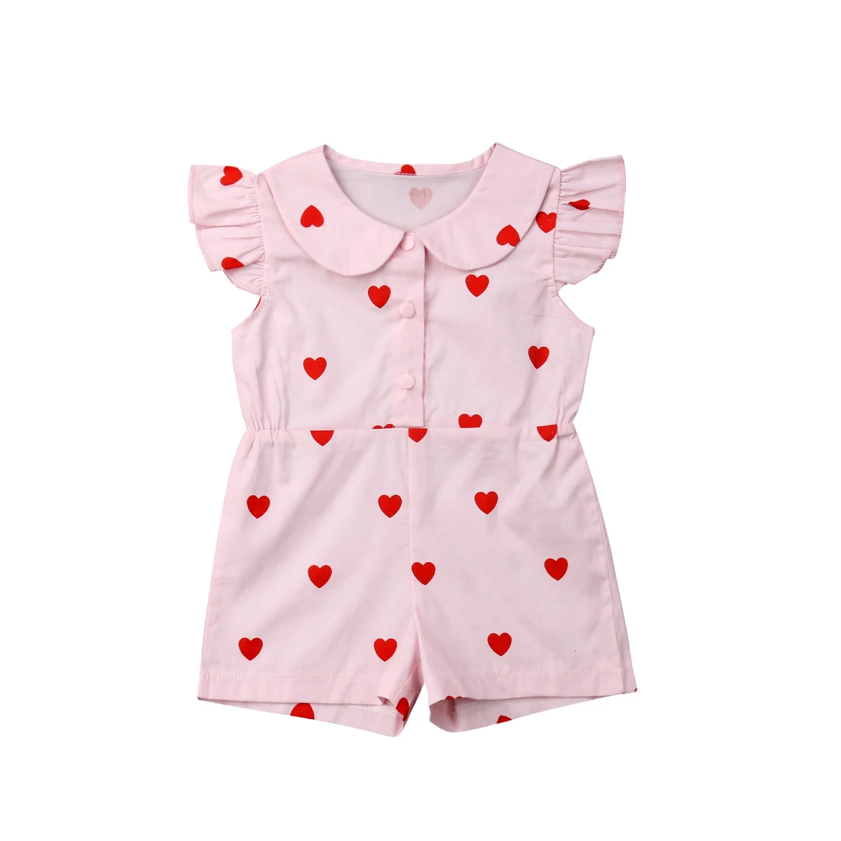 

Lovely Toddler Kids Baby Girl Fly Sleeve Peter Pan Collar Heart Print Romper Jumpsuit Playsuit Sunsuit Clothes 1-5Y