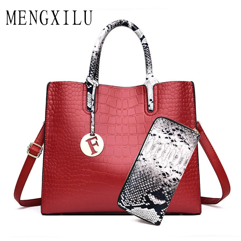 

Ladies Hand Bags Women 2019 Luxury Handbags Women Bags Designer Crocodile Print 2 Sets Handbag and Clutch Purse Bolsas Feminina