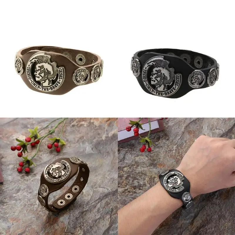 

Punk Genuine Leather Bracelet Men Vintage Wide Cuff Bangles Adjustable Buckle Wristband Male Jewelry Black & Brown