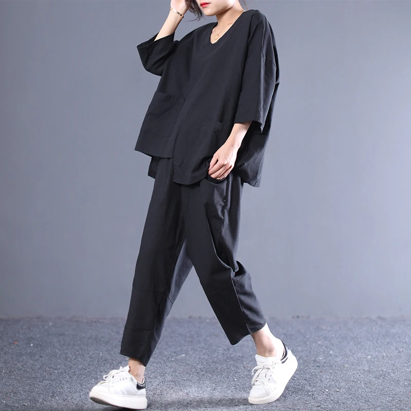 

[EWQ] 2019 Spring Summer Of New 2019 Round Collar Three Quarter Elastic Pants Women Suit Women Fashion Tide Set AE16401L