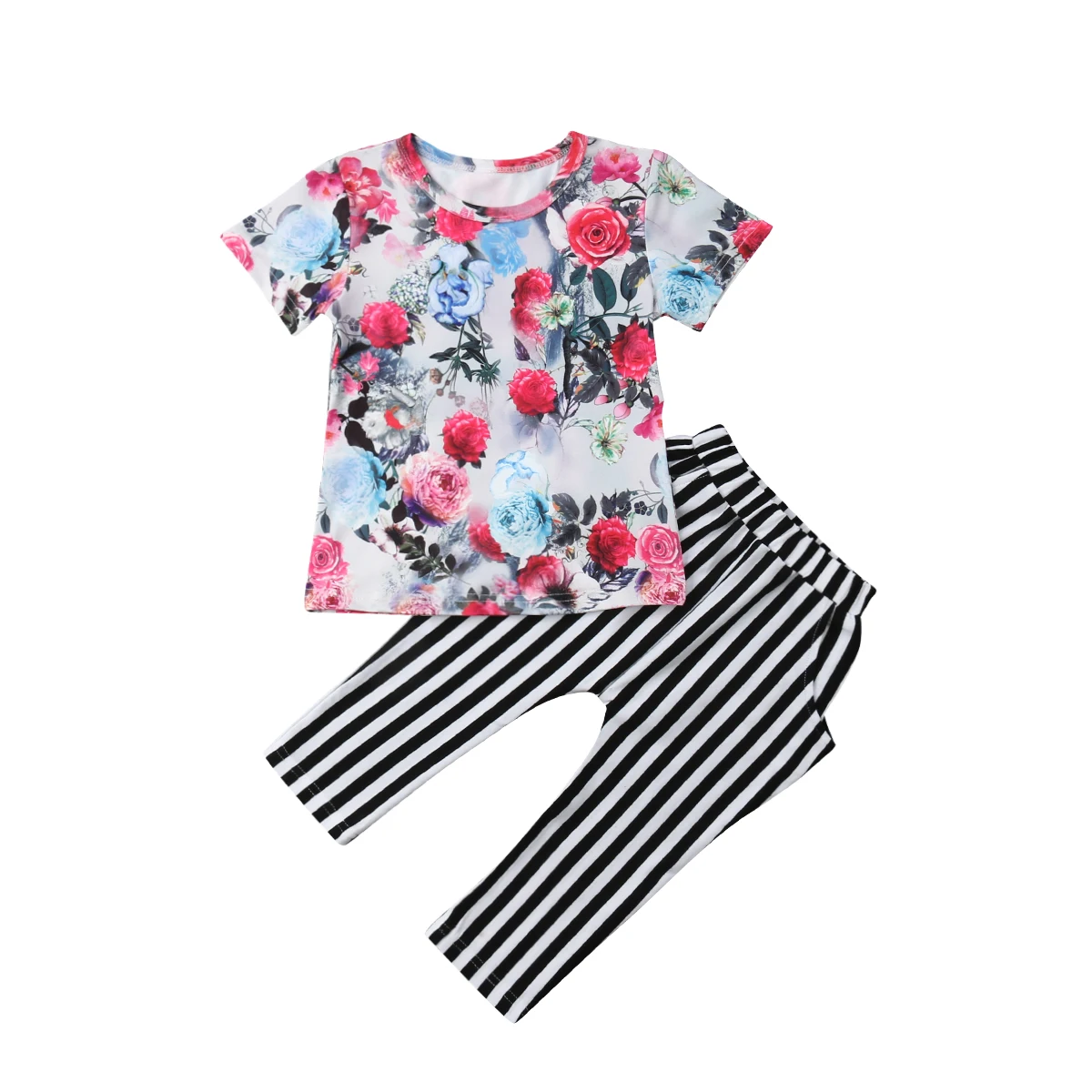 

2019 Summer Toddler Kids Baby Girls Short Sleeve Floral T-shirt Tops Striped Harem Pant Trouser 2PCS Clothing Set