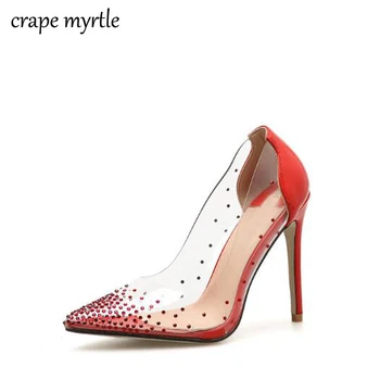 

Women Pumps 2020 Transparent Rhinestone High Heels Sexy Pointed Toe Slip-on Wedding Party Shoes For Lady Thin Heels Pumps YMA610
