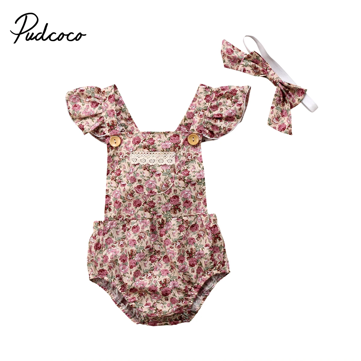 

2018 Sweet Newborn Toddler Kid Baby Girls Floral Lace Sleeveless Clothes Bodysuit +Headband Outfits Set