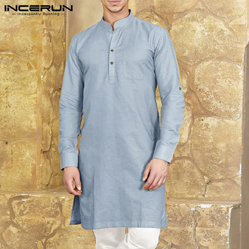 

INCERUN Casual Mens Shirt Cotton Long Sleeve Stand Collar Solid Button Tops Camisa Vintage Men Long Shirts Men Indian Kurta Suit