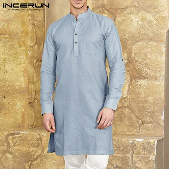 

INCERUN Casual Mens Shirt Cotton Long Sleeve Stand Collar Solid Button Tops Camisa Vintage Men Long Shirts Men Indian Suit