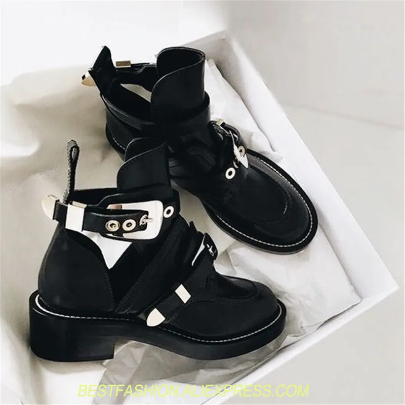 

Punk Booties Buckle Straps Thick Heel Black Ankle Boots Cut Out Woman Boots Motorcycle Brand Designers Round Toe Summer Shoes
