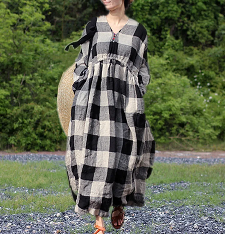 

19 A Rough Sense Of Autumn Style Flax Will Black And White Grid V Lead Waist Pulling Rope Easy Dress C90314 H190511