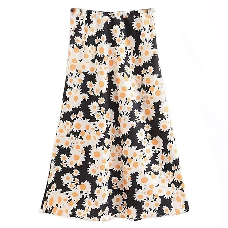 

Daisy Printing Long Skirts 2019 Spring Summer Womens Black Satin Chiffon Midi Skirt High Waist Sweet Bottoms Faldas Mujer