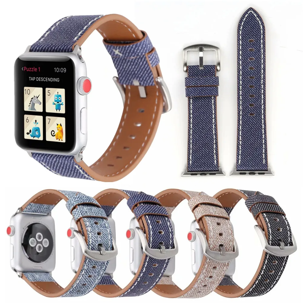

38mm 42mm 40mm 44mm Band for Apple Watch Series 1 2 3 4 Denim Leather Wrist Band Strap for iWatch 4 Replacement Wrist Belt