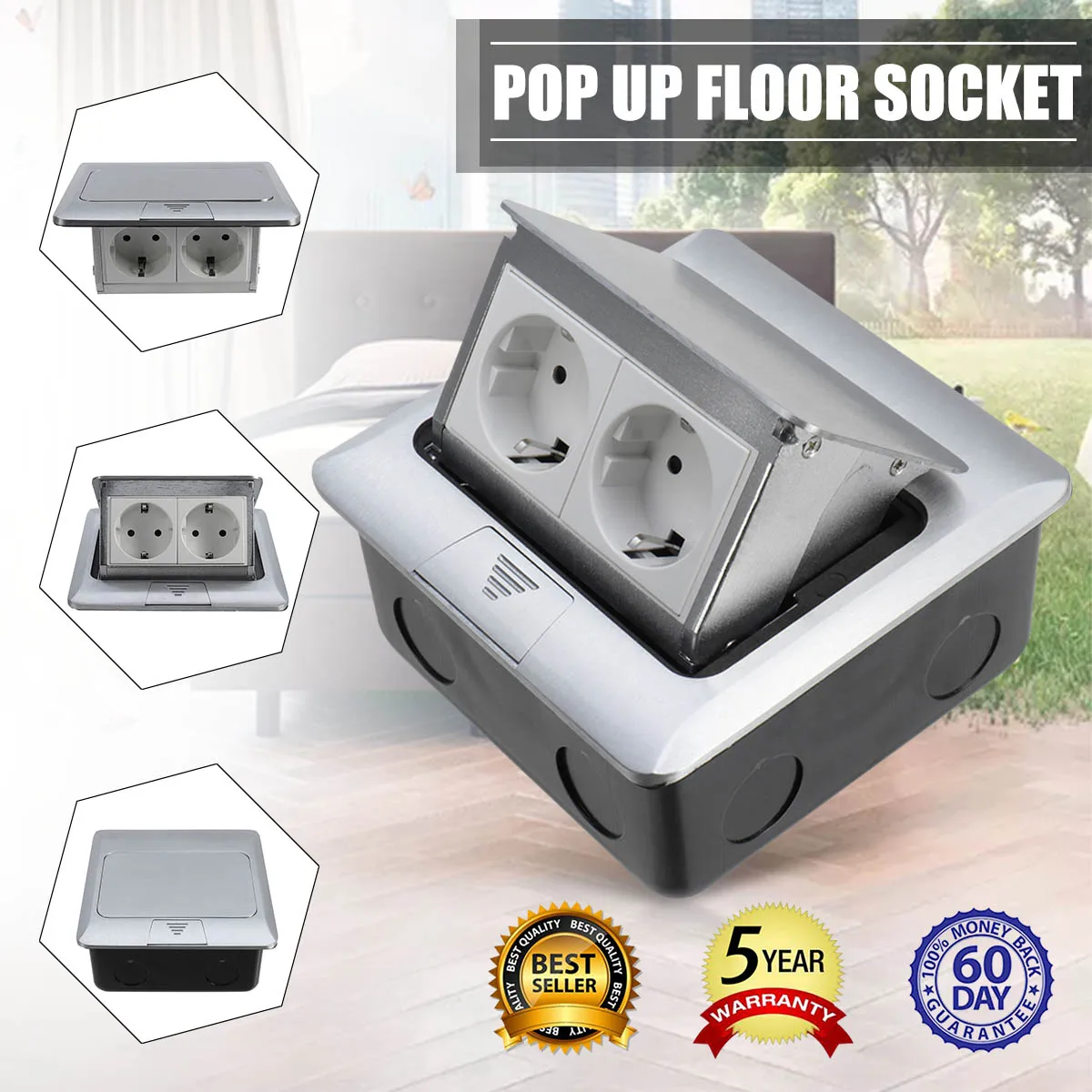 

EU Standard Aluminum Silver Panel 2 Way Floor Socket Electrical Outlet Available Sockets new