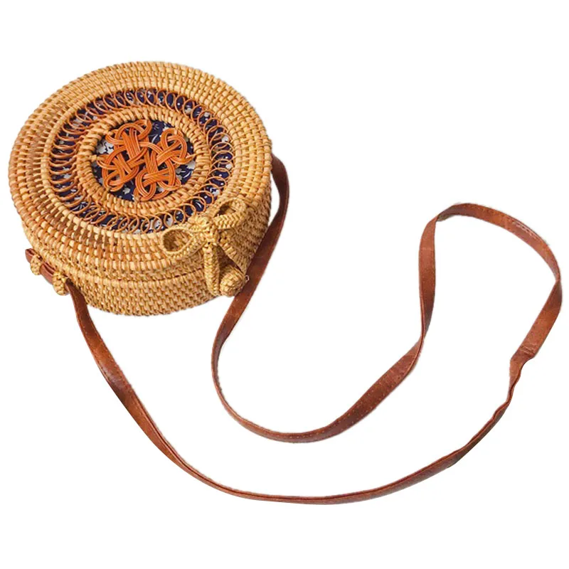 

NEW-Women Handwoven Rattan Round Bag Shoulder Leather Straps For Outdoor Leisure Bag Color: Chinese Knot