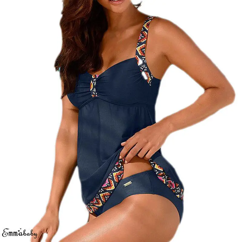 

New Arrivals Women Floral Striped Patchwork Spaghetti Strap Padded Push-Up Bra High Waisted Tankini Swimsuit Plus Size 3XL