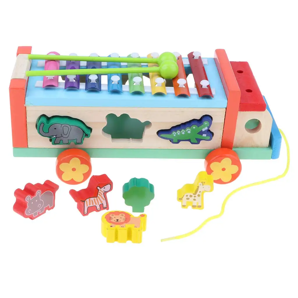 

3 in 1 Wooden Car Pull Toy Xylophone Animal Blocks Matching Game Montessori Early Learning Educational Toys for Children Kids