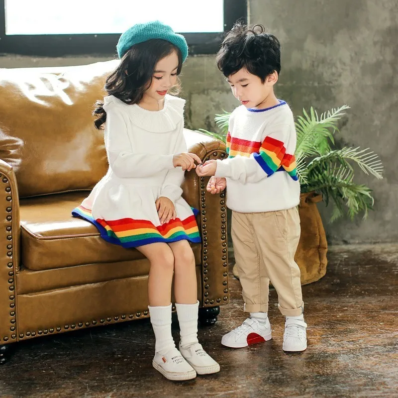 

Children's Sweaters Autumn Winter Wool Girls Sweater Dress Boys Top Soft Rainbow Pullover Cardigan Boy And Girl Matching Clothes