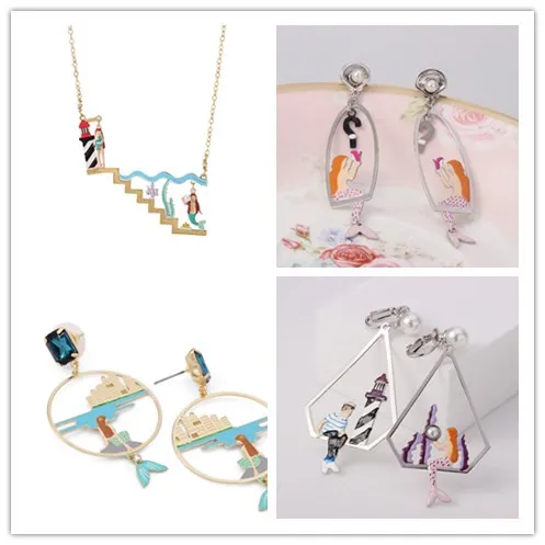 

free shipping Enamel glaze scalloped necklace earrings ear clip