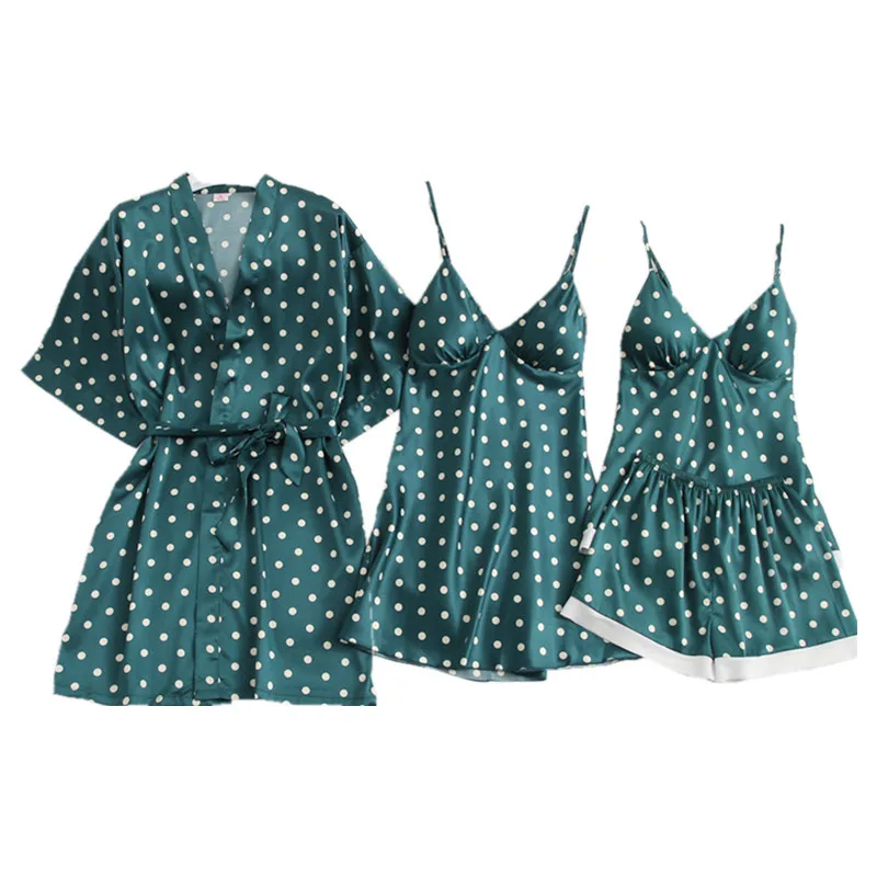 

2019 Women Pajamas Sets With Sets 4 Pieces Satin Sleepwear Silk Nightwear Pyjama Spaghetti Strap Pijama Chest Pads