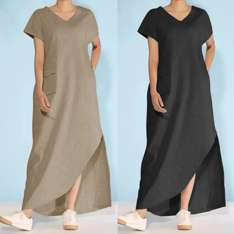 

Celmia 5XL Women Maxi Long Dress Plus Size Sundress 2019 Summer Casual V-neck Short Sleeve Asymmetric High Split Loose Vestidos