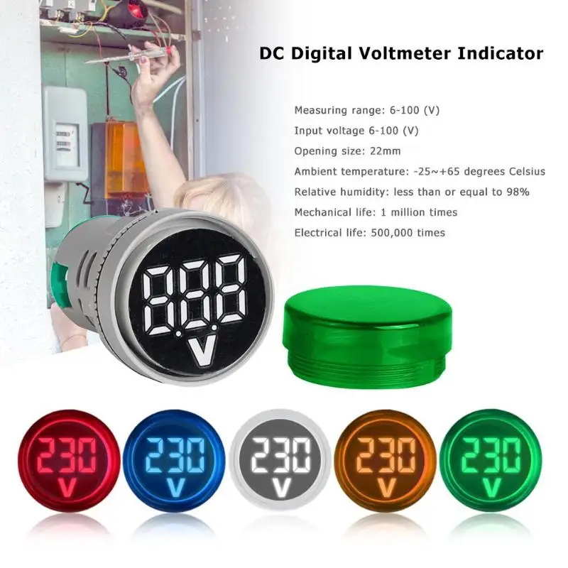 

6-100V DC Digital Display Voltmeter Voltage Test Meter Indicator LED Lamp Round Signal Light 5 Colors