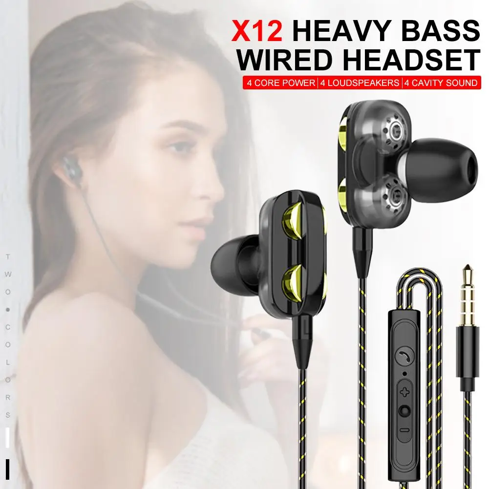 

X12 3.5MM Earphone Wire Control Double Moving Coil Quad Core Dedicated Subwoofer Universal With Microphone Soft Silicone Earplug