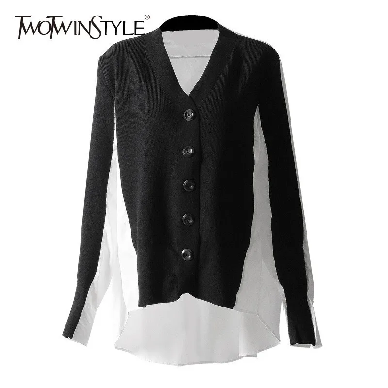 TWOTWINSTYLE Patchwork Knitted Shirts For Women Long Sleeve Hit Color Asymmetrical Shirt Blouse Female Fashion 2020 Casual New | Женская