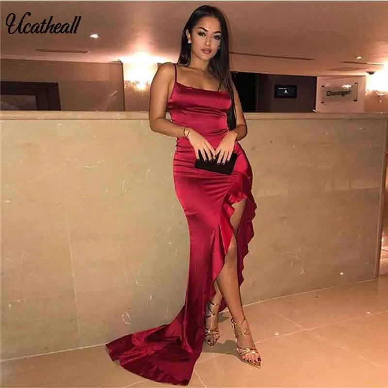 

Elegant Split Partydress Women Elegant White Bodycon Ruffles Hem Dresses Vestidos Mujer Irregular Sexy Long Maxi Christmas Dress