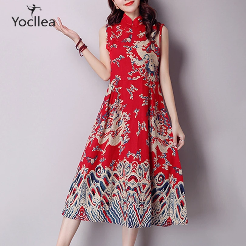 

2019 New Summer Women Dress Chinese Loong Print Casual A-Line Dresses Female sleeveless Cotton Linen dress vestidos