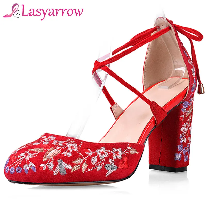 

Lasyarrow Women High Heels Plus Size Embroidered Pumps Flower Ankle Strap Shoes Female Two Piece Sexy Party Wedding Round Toe