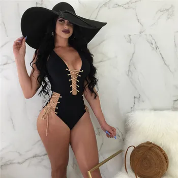 

Women One-Piece Bandage Hollow Deep V Neck Sexy Vintage Retro Swimsuit Beachwear Lace up Push-up Bodysuit Bikini Bathing Suit