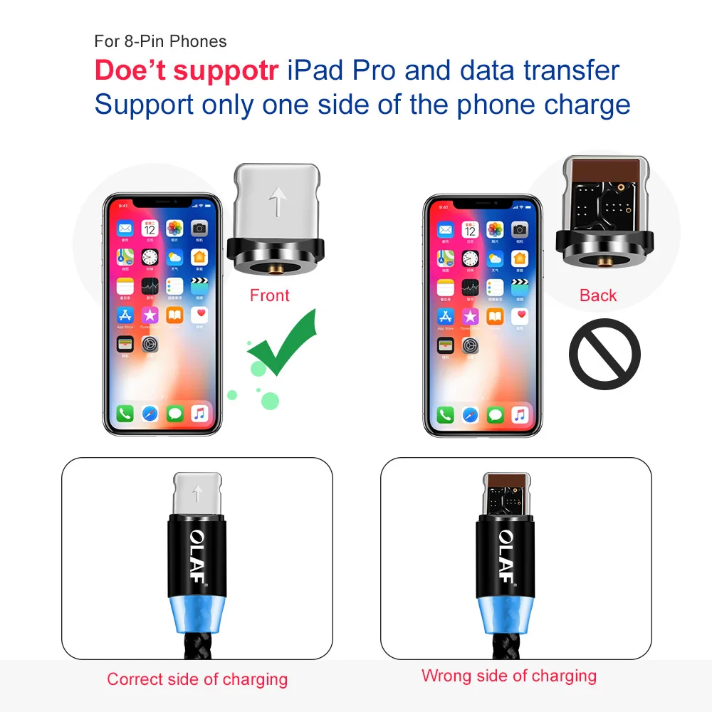 OLAF 2M 1M Magnetic Cable Braided LED USB C Type C Micro USB Cable Magnetic Charging Cables For iPhone Samsung Xiaomi Phone Cord