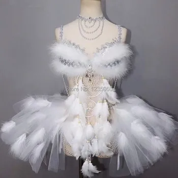 

Christmas Rave Party Nightclub Clothing Sexy Women Modern Dance Outfit Silver Crystals White Feathers Bubble Skirt Stage Costume