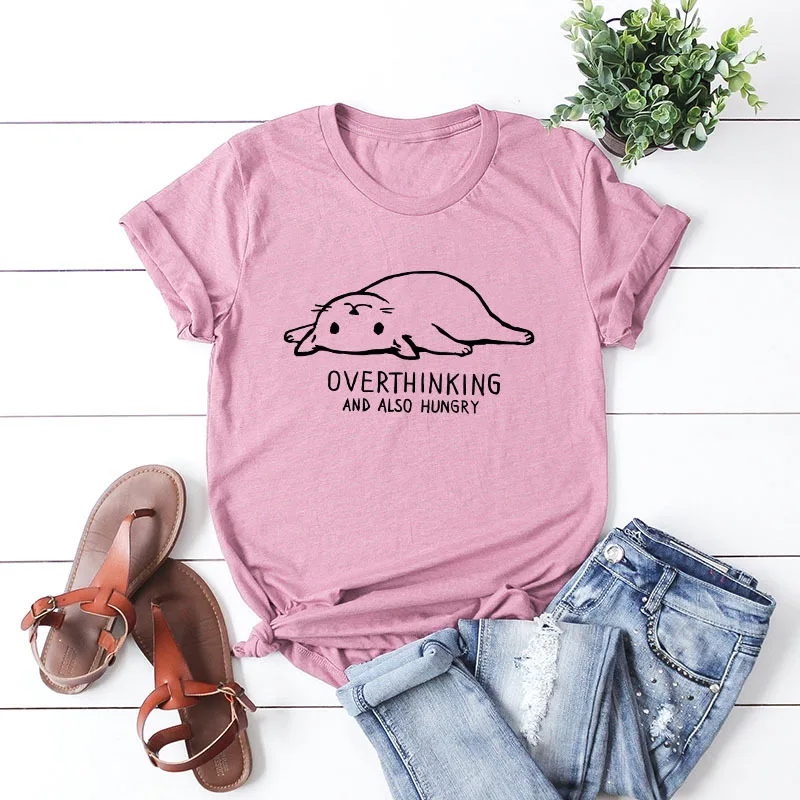 

2019 Summer T Shirt Women Harajuku Overthinking Lazy Cat Graphic Cotton Tees Funny Print O Neck Tops Short Sleeve Plus Size 5XL