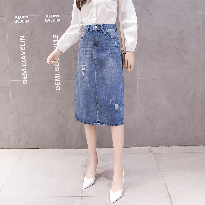

New Women Denim Skirt Slim Openk Hip Long Hole In Bag Skirts Blue 213
