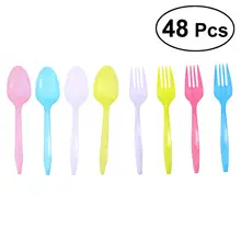 Одноразовые пластиковые столовые приборы, ложка, вилка на день рождения, посуда для десерта, 24 ложки и 24 вилки(разные цвета