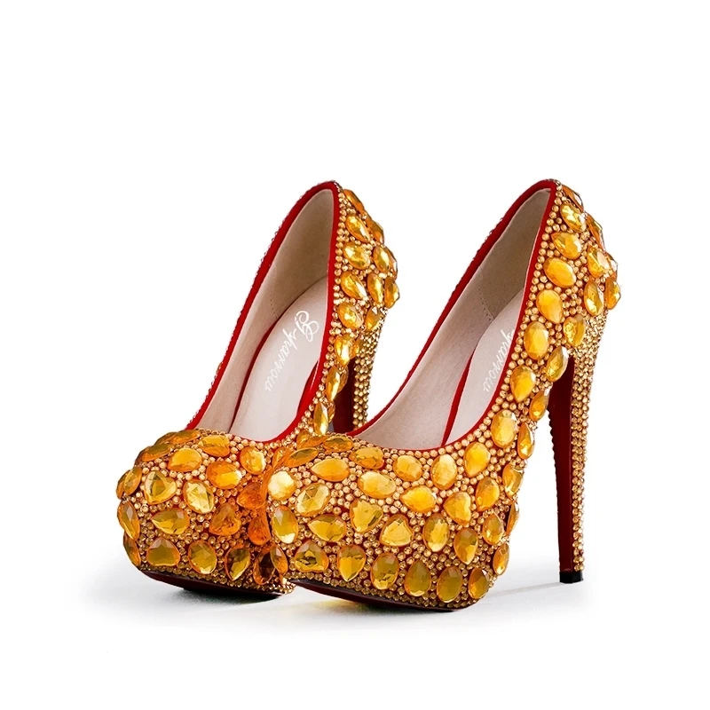 

Customized Gold Rhinestone Platform Heels Plus Size Bride Dress Shoes Fomral Dress Shoes Banquet Evening Party Pumps with Clutch