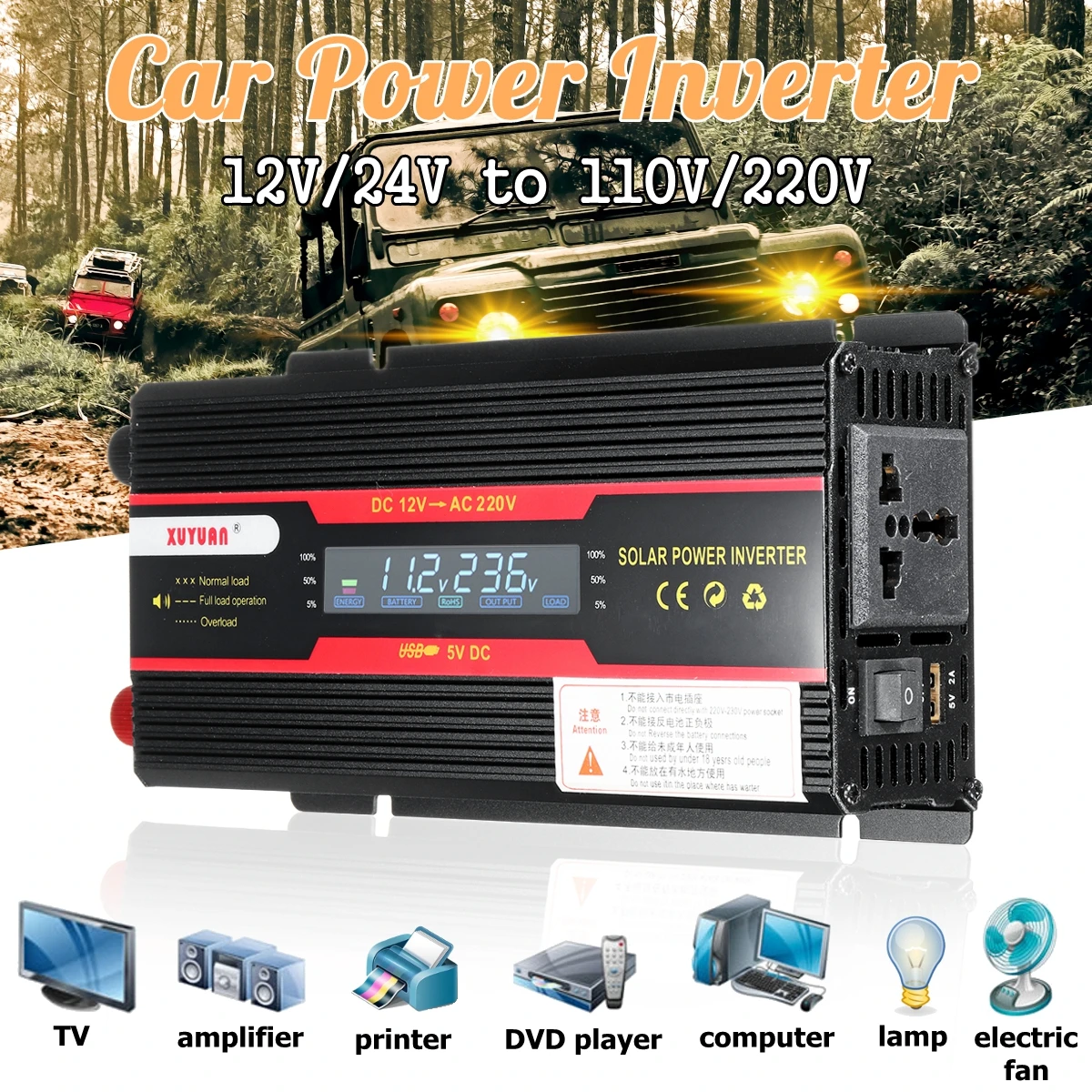 

Car Inverter 12V 220V 1000W P eak Power Inverter Voltage Convertor Transformer DC 12V/24V To AC 220V/110V Solar Inversor LCD