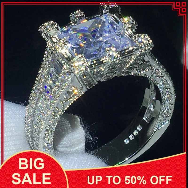 

Vintage Court Jewelry 925 Sterling silver ring Princess cut AAAAA Zircon Cz Engagement wedding band rings for women Men Gift