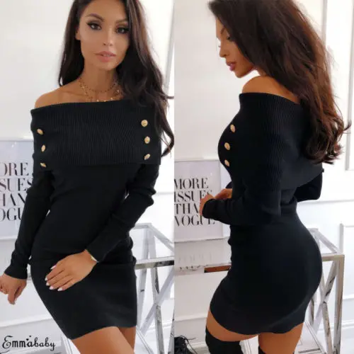 

Casual Summer Womens Off Shoulder Long Sleeve Shirt Party Club Short Mini Dress
