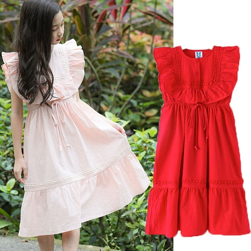 

Ruffles Patchwork Little Girls Dress Pink Red New 2019 Big Kids Dresses Girls Summer Sleeveless Clothing Fashion