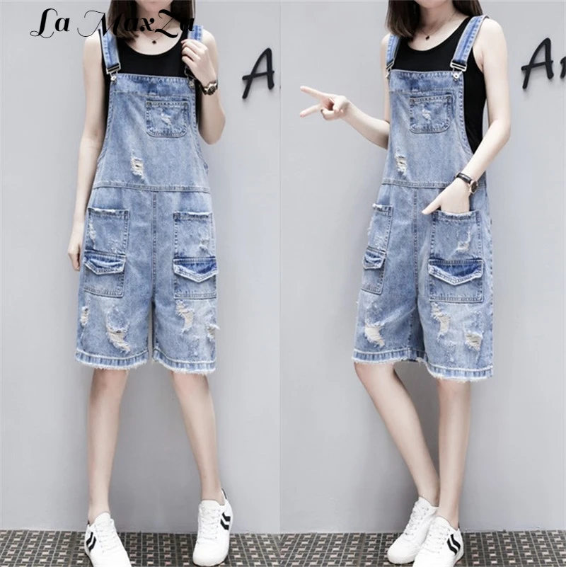 Loose Solid Women Playsuits and Jumpsuits Pockets Fashion Casual Denim Overall Shorts Summer Plus Size Jean Overalls for Women