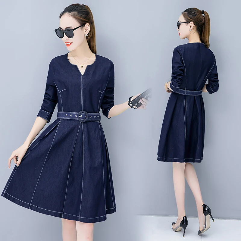 

2019 New Women dress Full Sleeve Slim Accept Waist Jeans Dresses Dark Blue 966