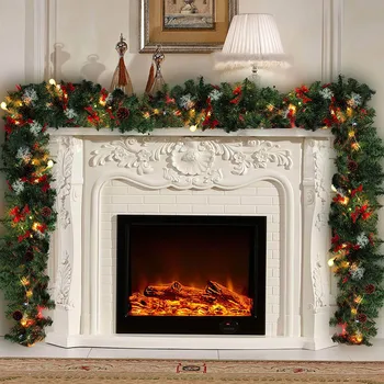 

9ft/270cm Plain Green Christmas Garland with Warm White Led Light Artificial Wreath Fireplace Xmas Tree Decoration-HOT